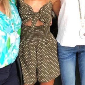 Blue Blush Army Green Polka Dot Front Tie Romper